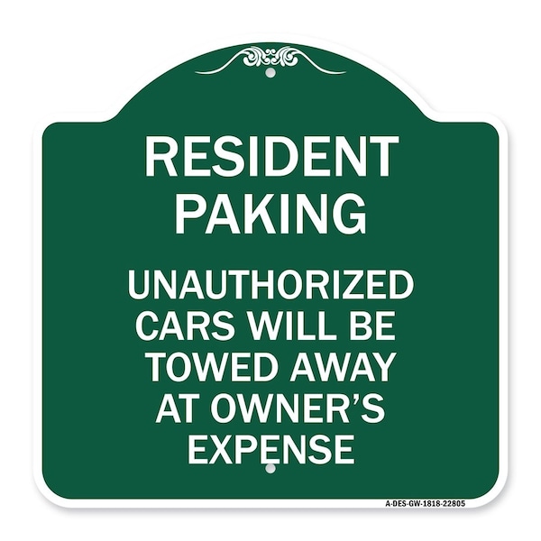 Signmission Tow Away Resident Parking Unauthorized Cars Will Be Towed Away at Owners Expense, GW-1818-22805 A-DES-GW-1818-22805 - main